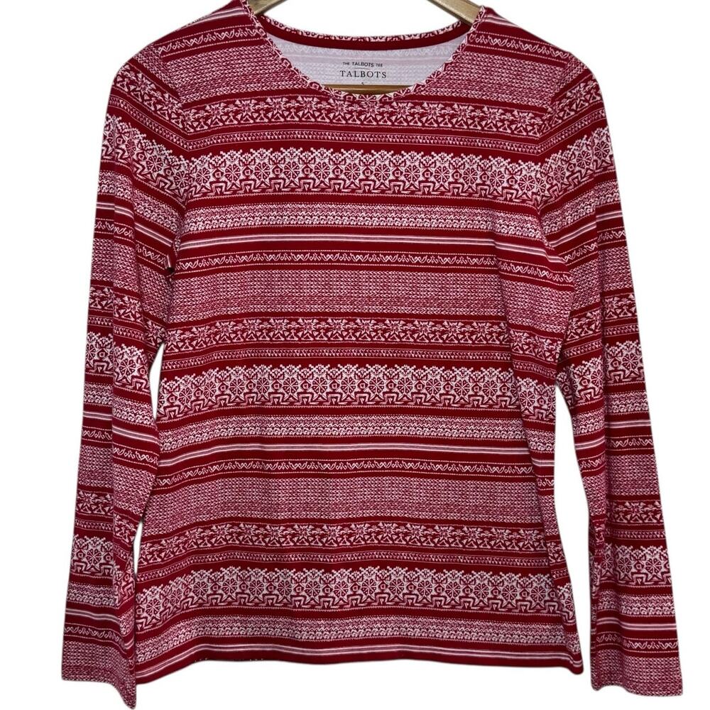 The Talbots Tee Red and White Icelandic Print Size Small Long Sleeve Shirt